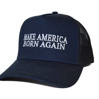 Navy New Era 9Forty Snapback hat with Make America Born Again embroidered on front