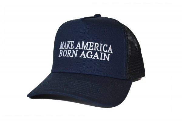 Navy New Era 9Forty Snapback hat with Make America Born Again embroidered on front