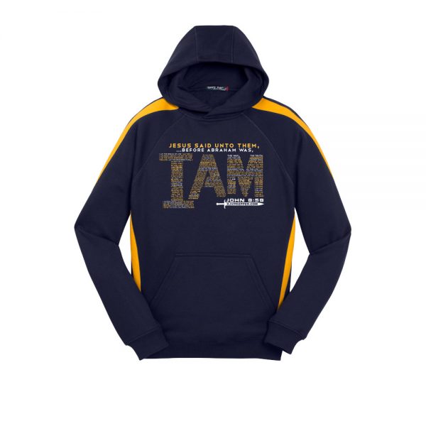 Christian hoodie is navy with matching gold stripes